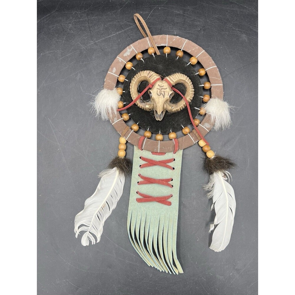 VTG Native American Style Mandala Dream Catcher Ram Skull Fur Feathers 16”